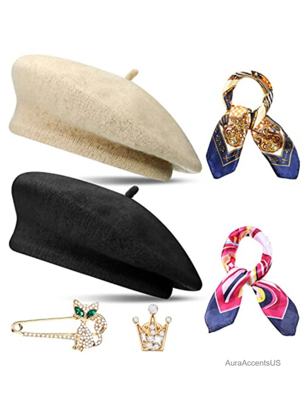 Wool Beret Hat with Silky Scarf and Brooch Set 6 Piece